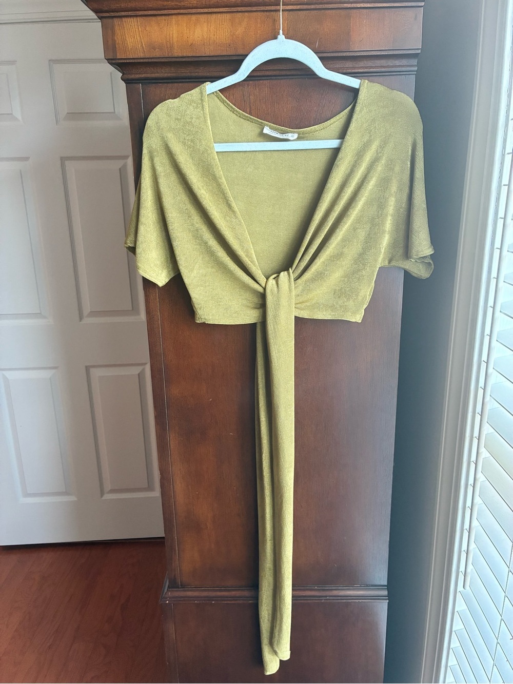 12th Tribe Olive Green Front Tie Crop Top | Soft Stretch Knit | Medium - Picture 2 of 7